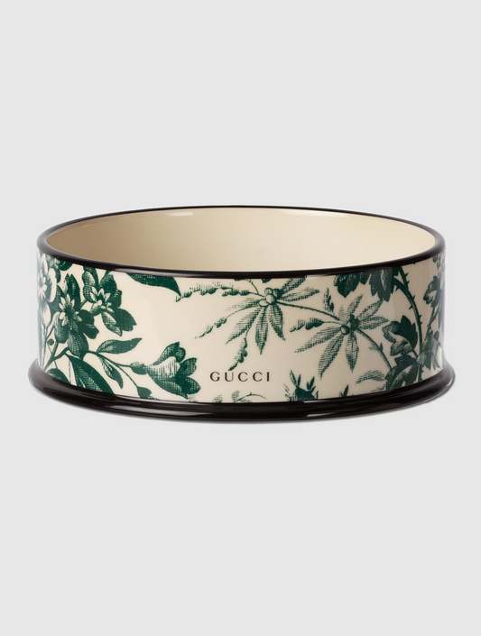 Large Herbarium Print Pet Bowl - Ivory and Green