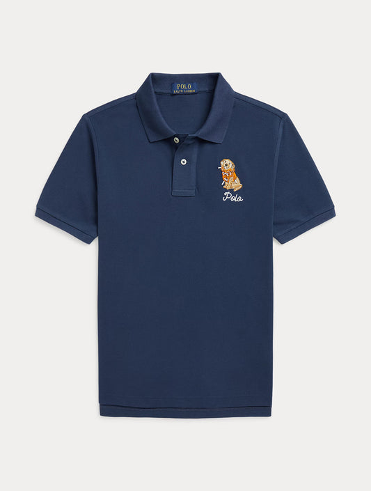 Dog-Embroidered Cotton Mesh Polo Shirt