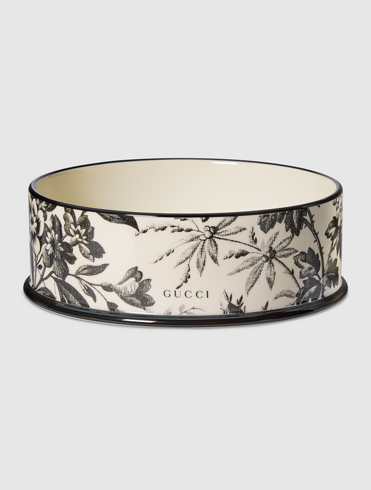 Large Herbarium Print Pet Bowl - Black and Beige